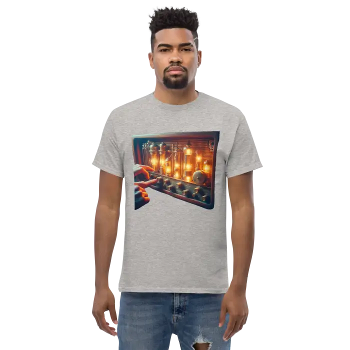 Man wearing a t-shirt with a vintage audio amplifier graphic.