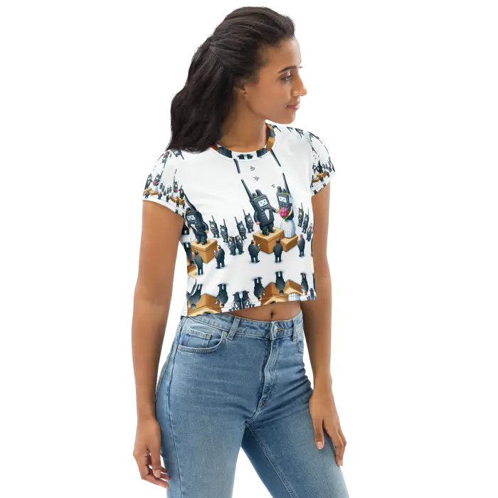 Woman’s crop top with cartoon robots.