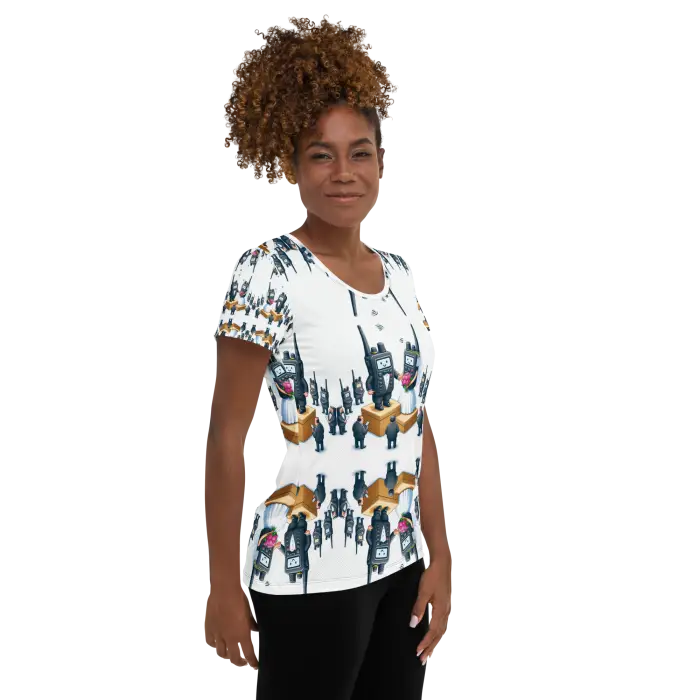 Woman’s patterned t-shirt.