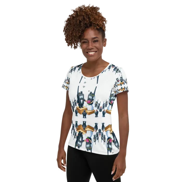 Woman’s patterned t-shirt.