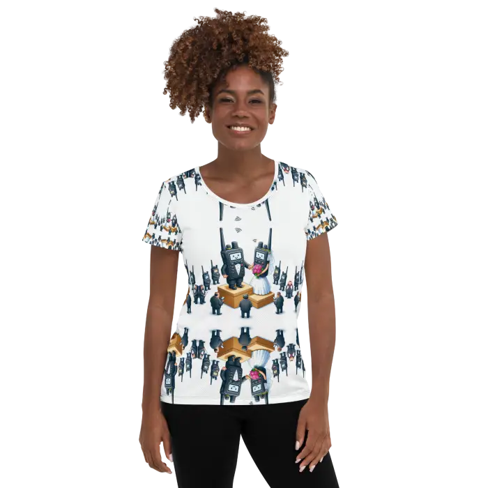 White t-shirt with walkie-talkie pattern.