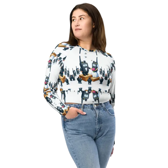 Woman wearing a patterned long-sleeve shirt and jeans.
