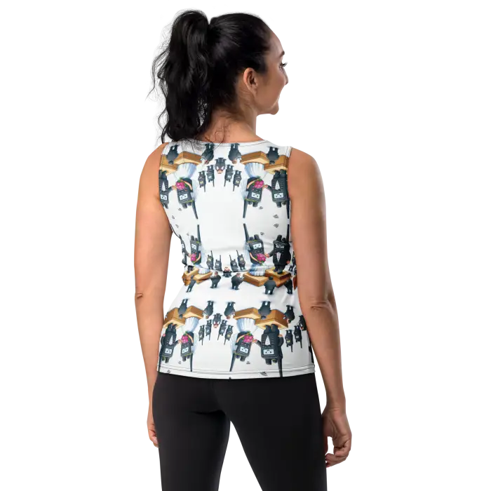 Woman’s patterned sleeveless top.