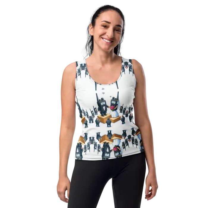 Woman wearing patterned tank top.