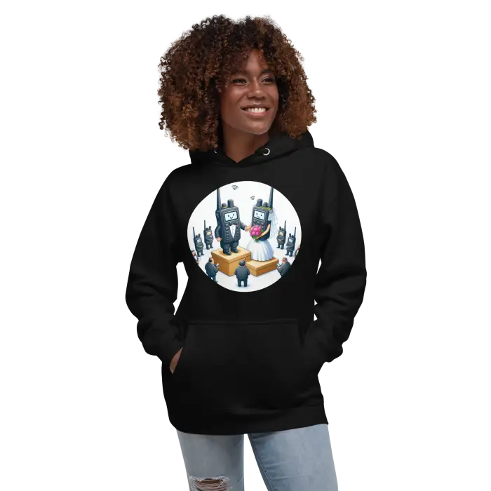 Black hoodie with walkie-talkie wedding graphic.