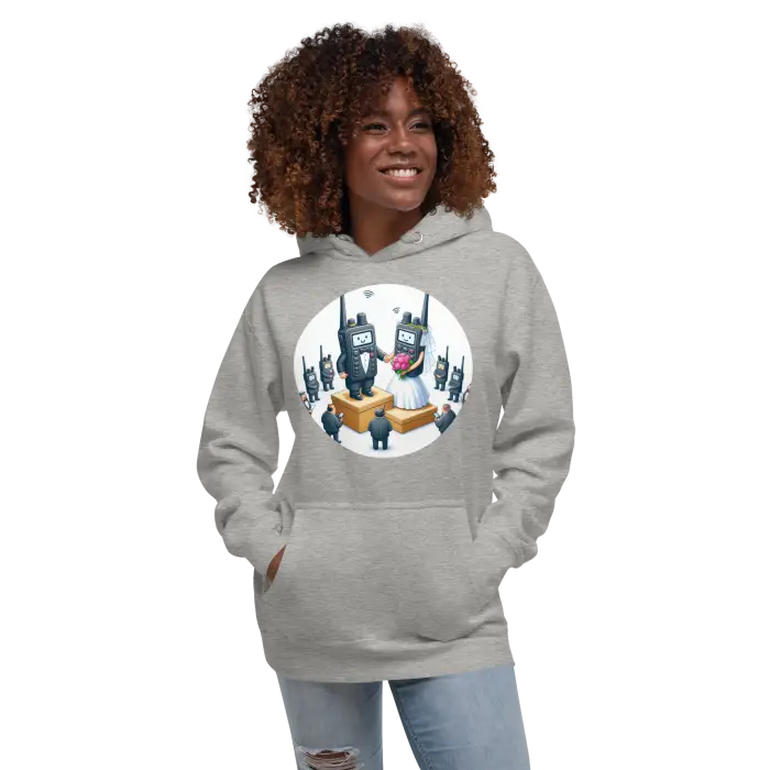 Gray hoodie with walkie-talkie wedding graphic.