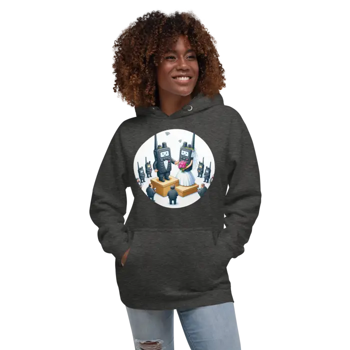 Gray hoodie with walkie-talkie wedding graphic.