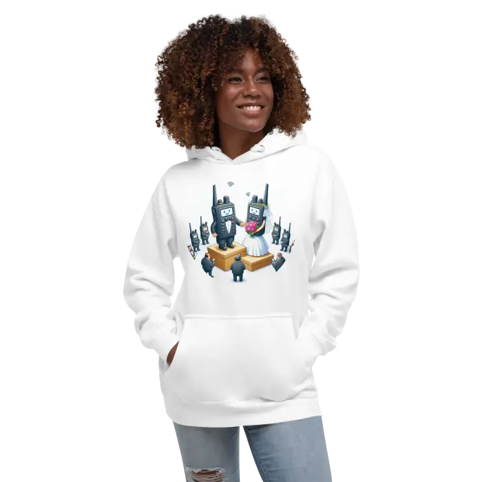 White hoodie with walkie-talkie wedding graphic.