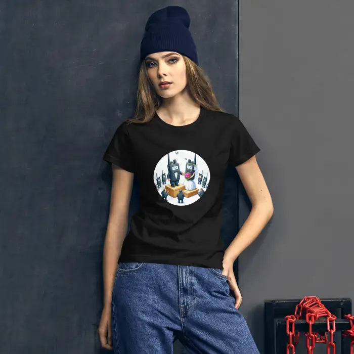 Black t-shirt with walkie-talkie graphic.