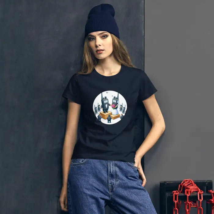 Black t-shirt with walkie-talkie graphic.