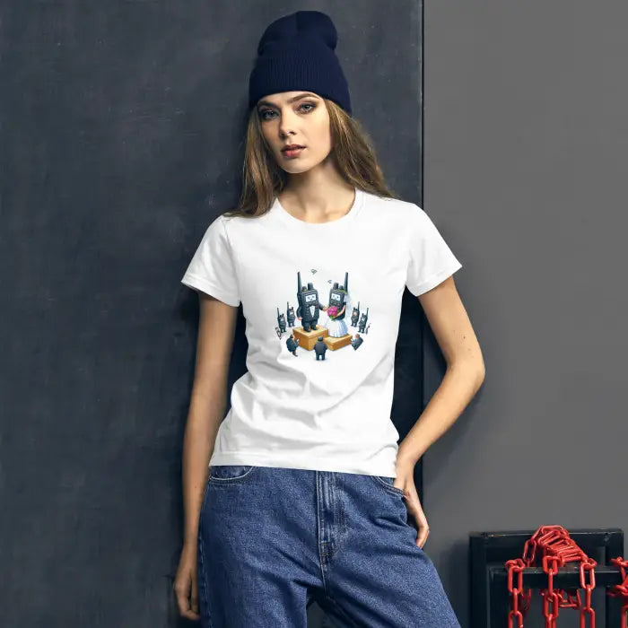 Woman wearing a graphic tee.