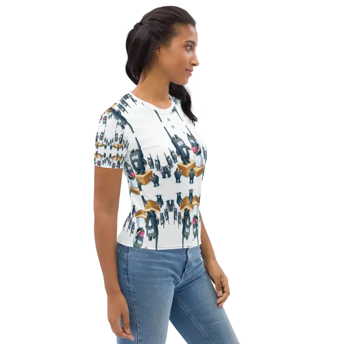 Woman’s patterned t-shirt.