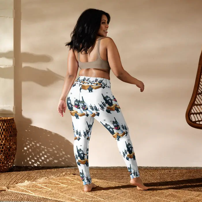 Woman wearing patterned leggings.
