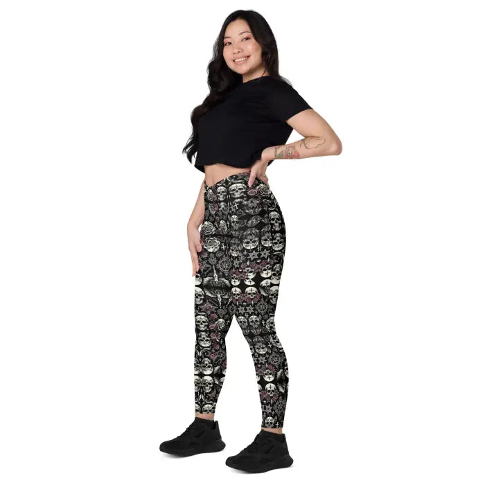 Woman wearing patterned leggings.