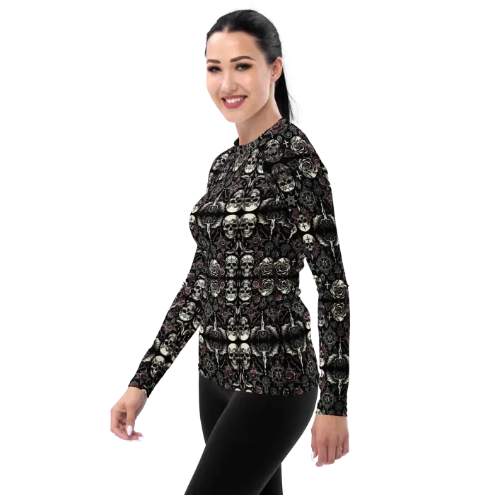 Skull and rose patterned long-sleeved shirt.