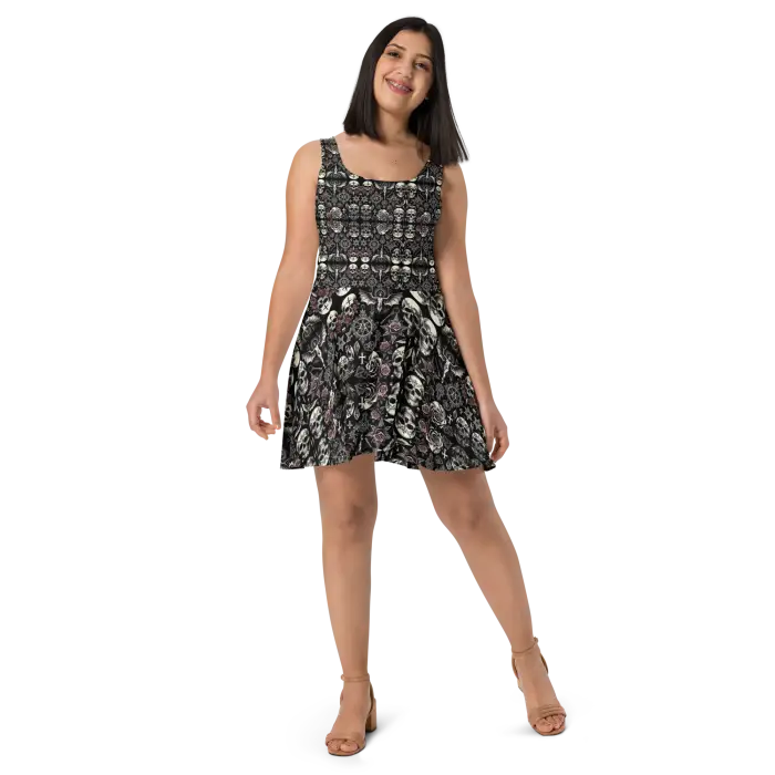 Woman in a patterned skater dress.