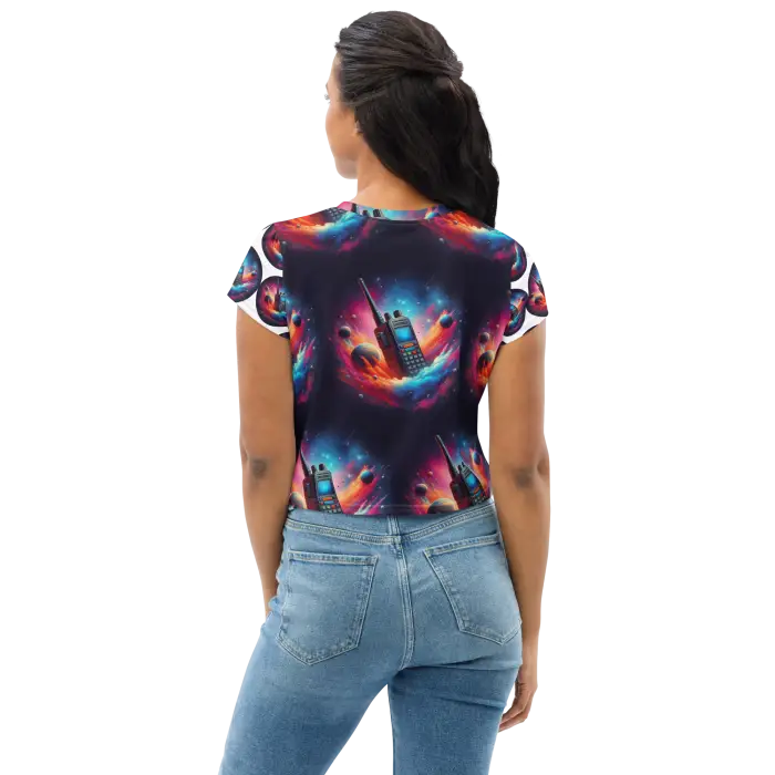 Woman’s patterned crop top and jeans.