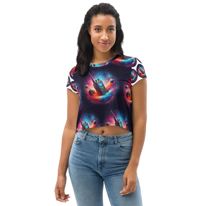 Woman wearing a patterned crop top.