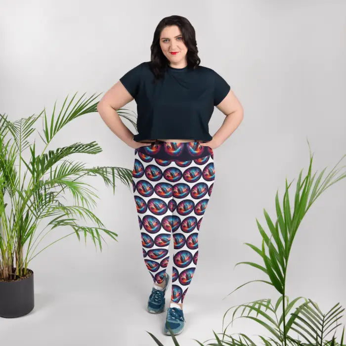 Woman wearing patterned leggings.