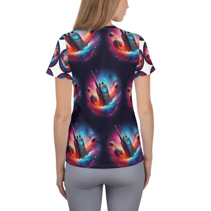 Woman’s t-shirt with walkie-talkie pattern.