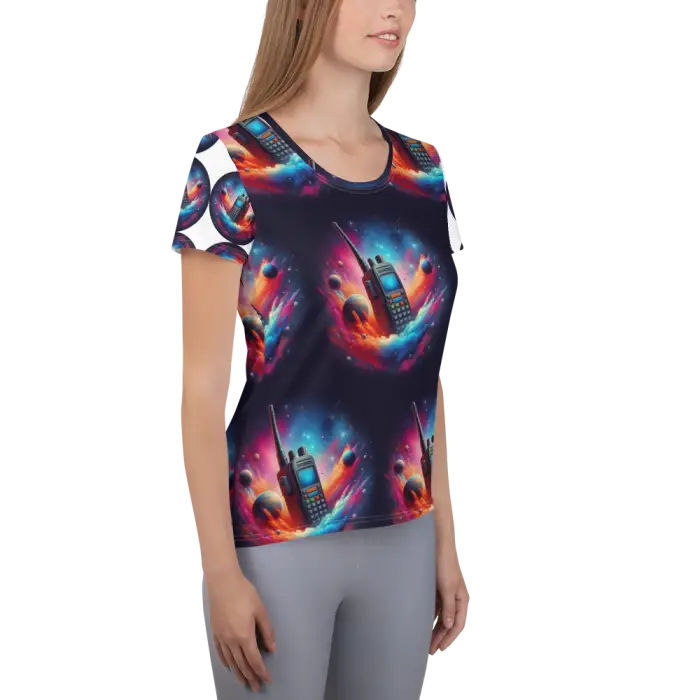 Woman’s t-shirt with walkie-talkie space pattern.