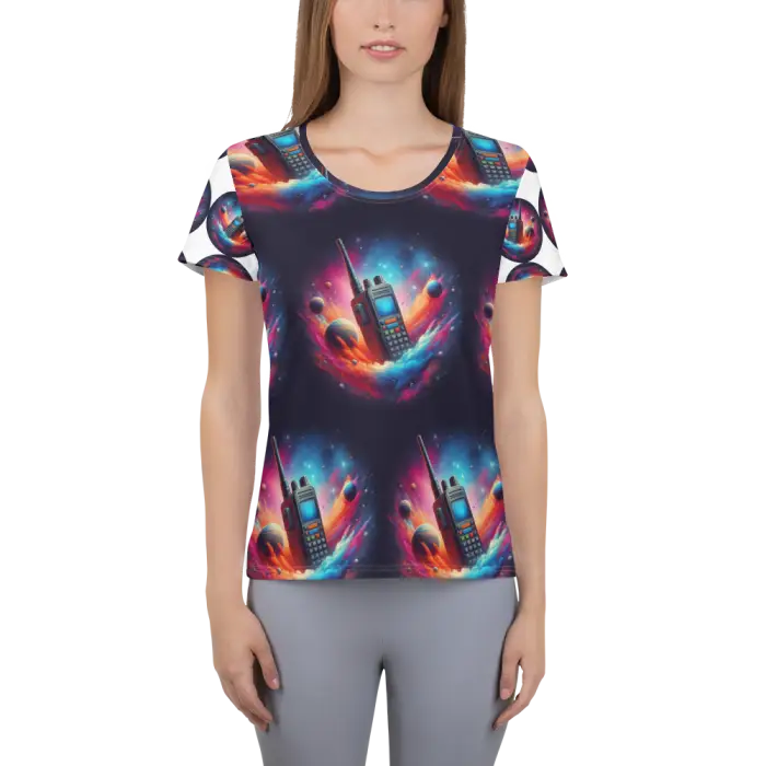 Woman’s patterned t-shirt.