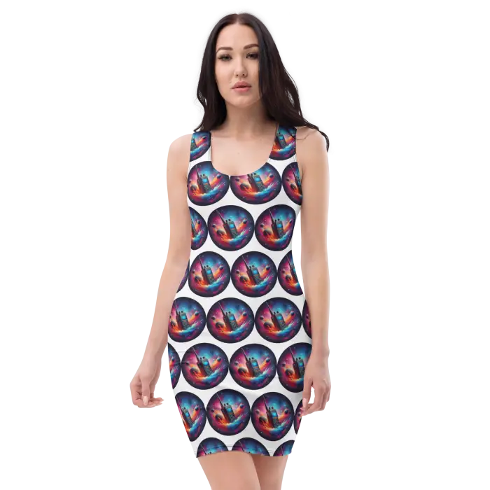 Form-fitting dress with circular space-themed pattern.