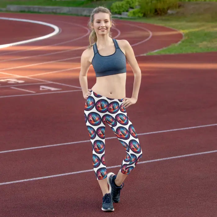 Woman wearing patterned leggings.