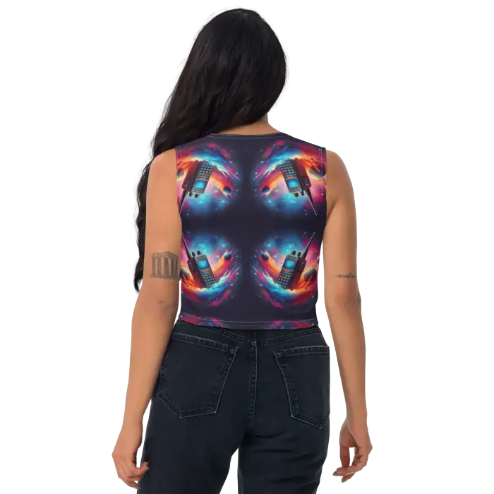 Woman’s walkie-talkie patterned crop top and jeans.