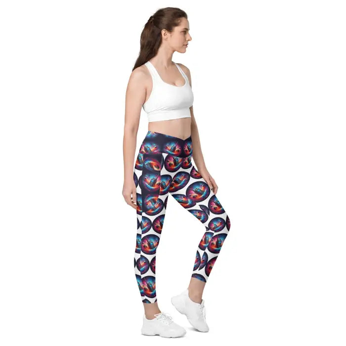 Woman wearing patterned leggings and a white sports bra.
