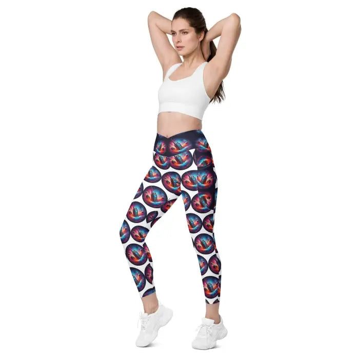 Woman wearing patterned leggings and a sports bra.