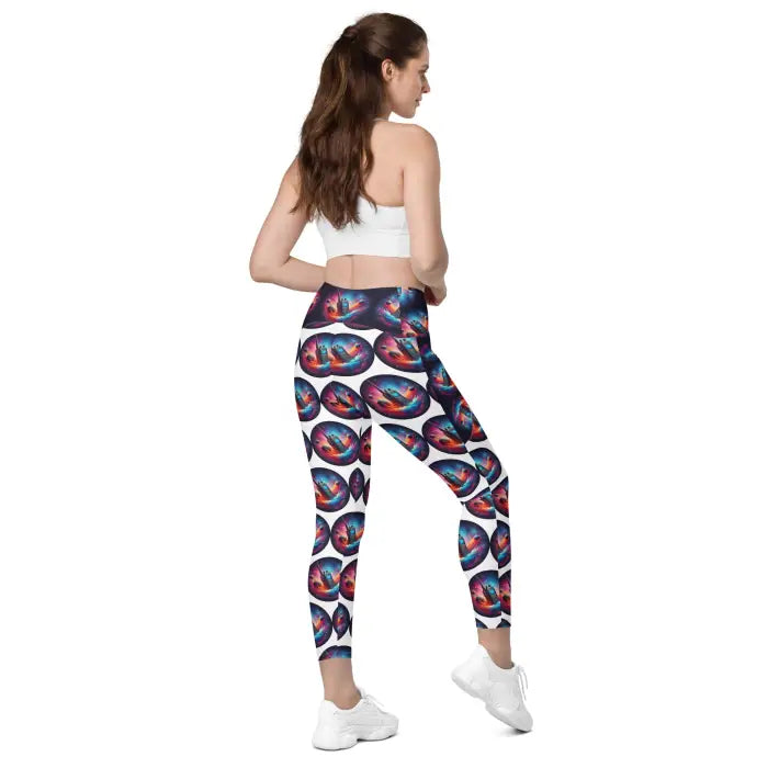Woman wearing patterned leggings.