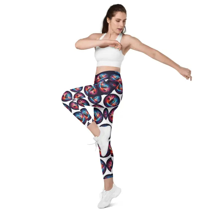 Woman wearing patterned leggings.