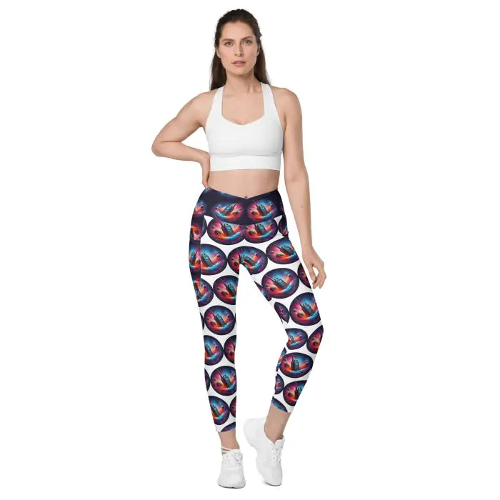 Woman wearing patterned leggings and a sports bra.