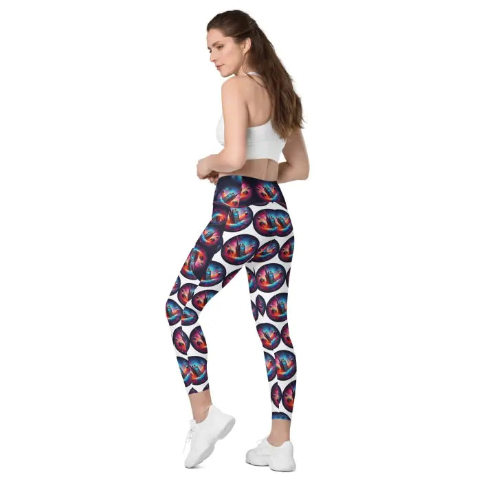 Woman wearing patterned leggings.