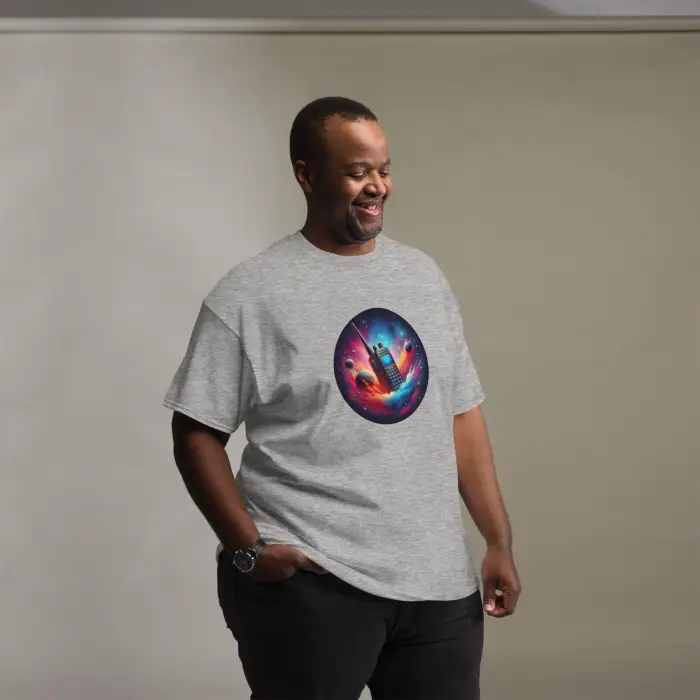 Gray t-shirt with colorful space-themed graphic.