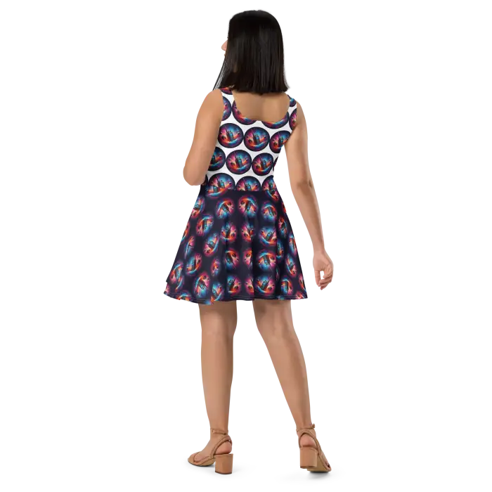 Woman’s patterned skater dress.