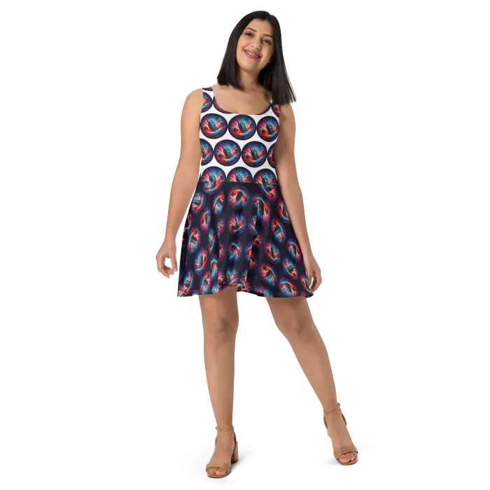 Woman’s patterned skater dress.