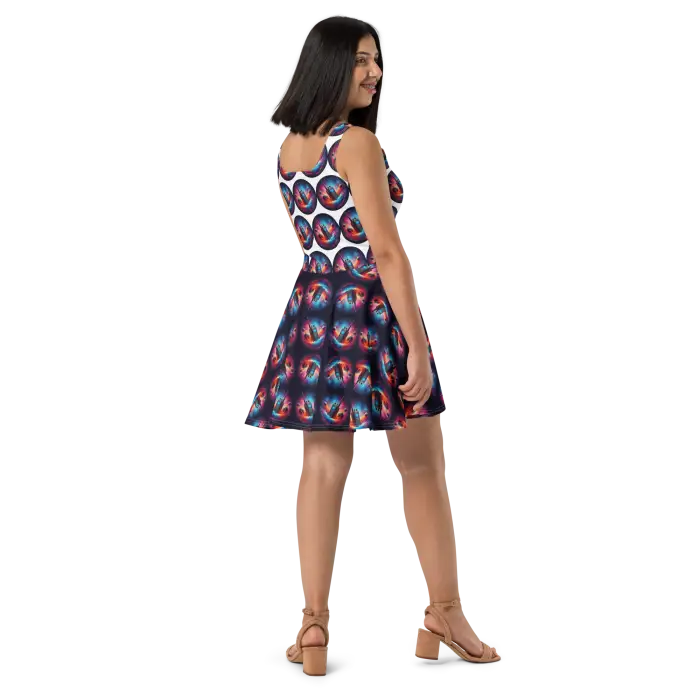 Woman’s patterned skater dress.