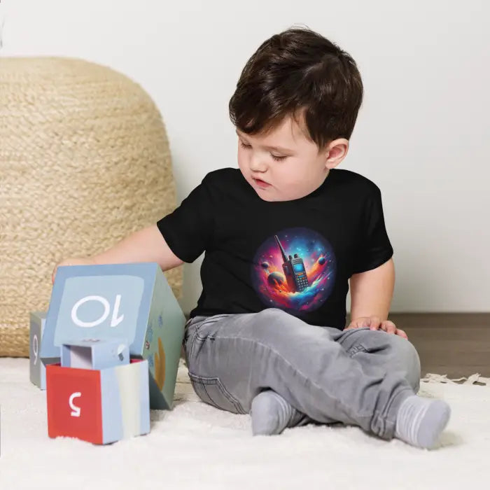 Child’s black t-shirt with walkie-talkie graphic.