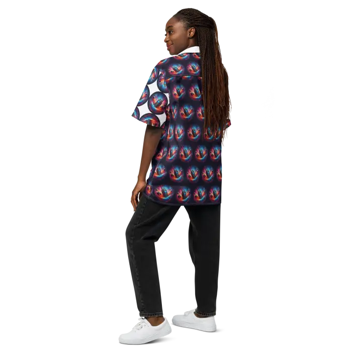 Person wearing patterned shirt and dark pants.