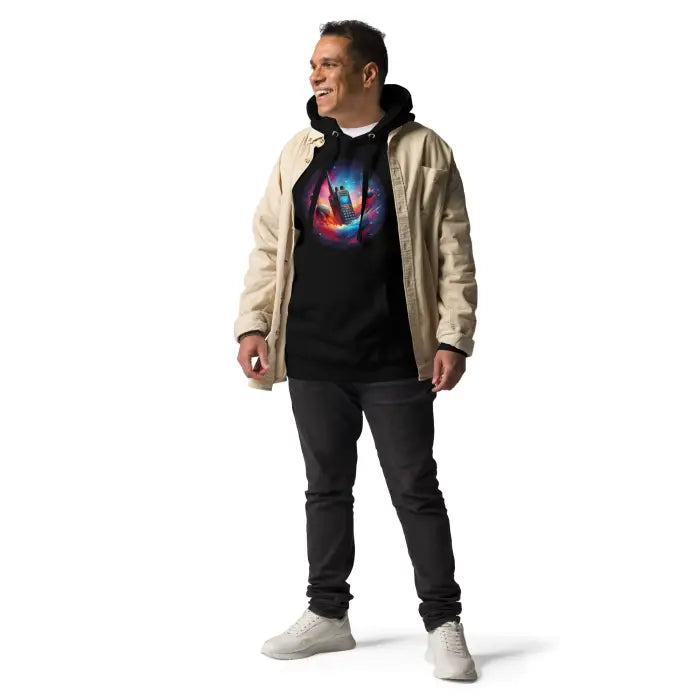 Man wearing a graphic hoodie and jacket.
