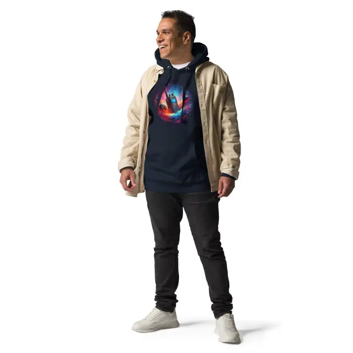 Man wearing a graphic hoodie and jacket.
