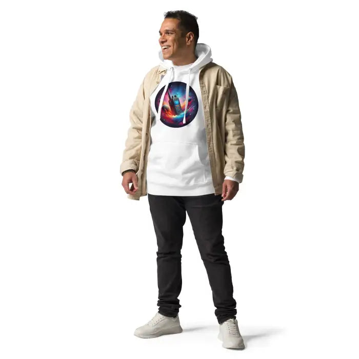Man wearing a white hoodie with a colorful nebula design and a tan jacket.