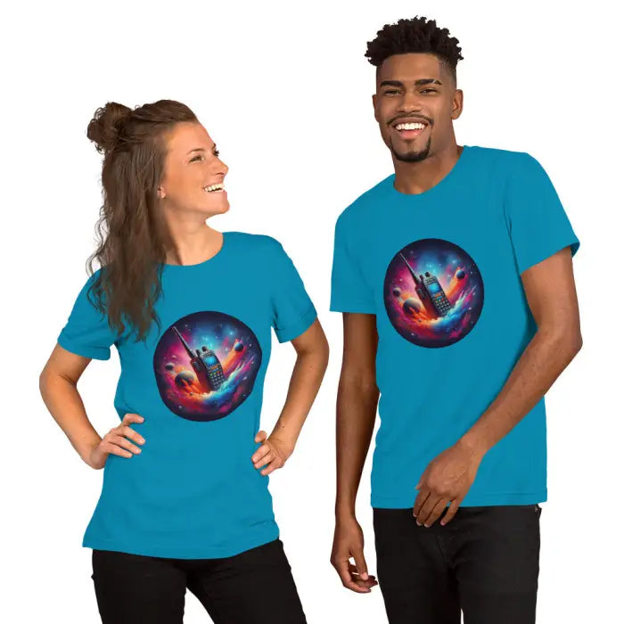 Matching turquoise t-shirts with space walkie-talkie design.