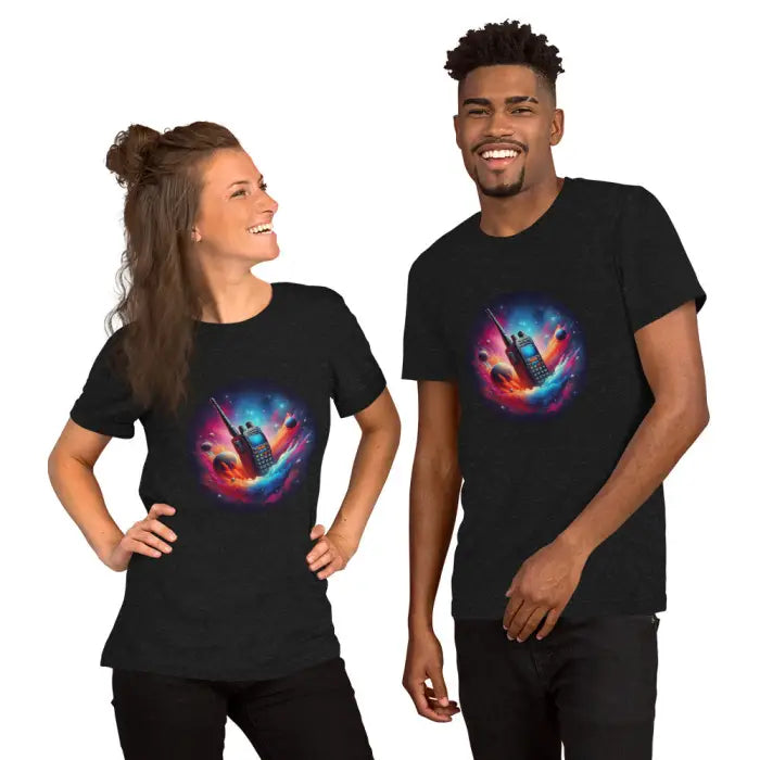 Two black t-shirts with a walkie-talkie design.