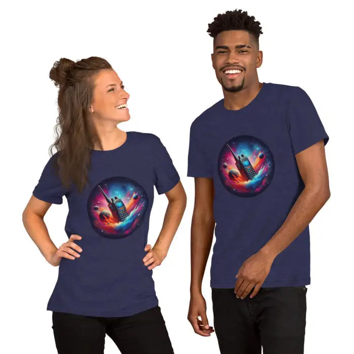 Two navy t-shirts with a space-themed graphic.