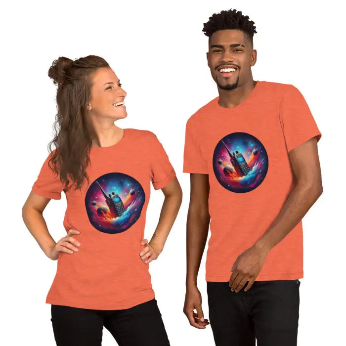 Matching orange t-shirts with walkie-talkie space design.