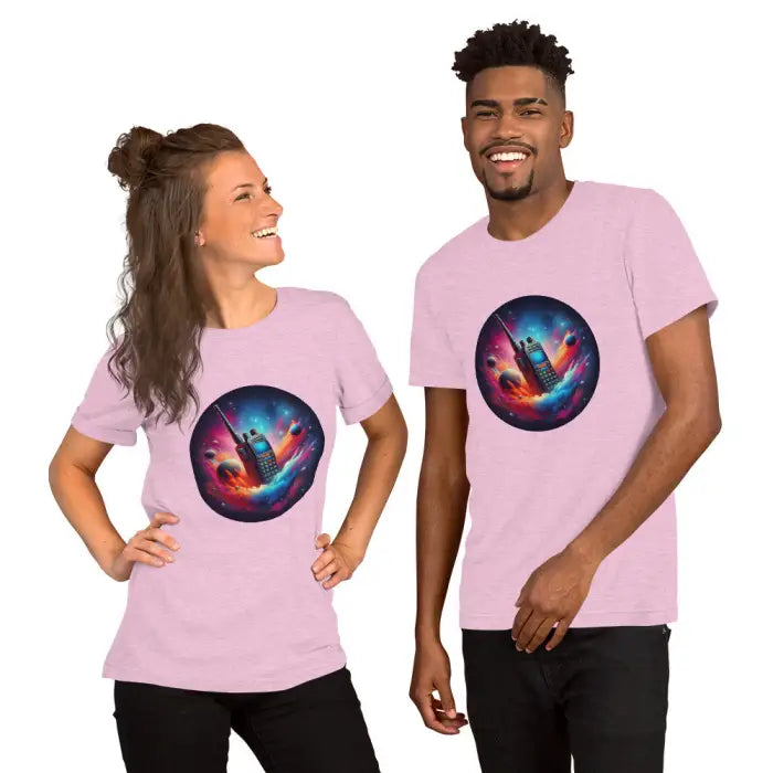 Matching pink t-shirts with walkie-talkie space design.