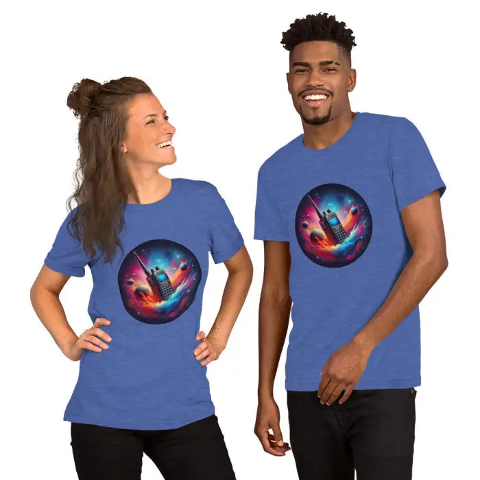 Two blue t-shirts with a space-themed phone design.